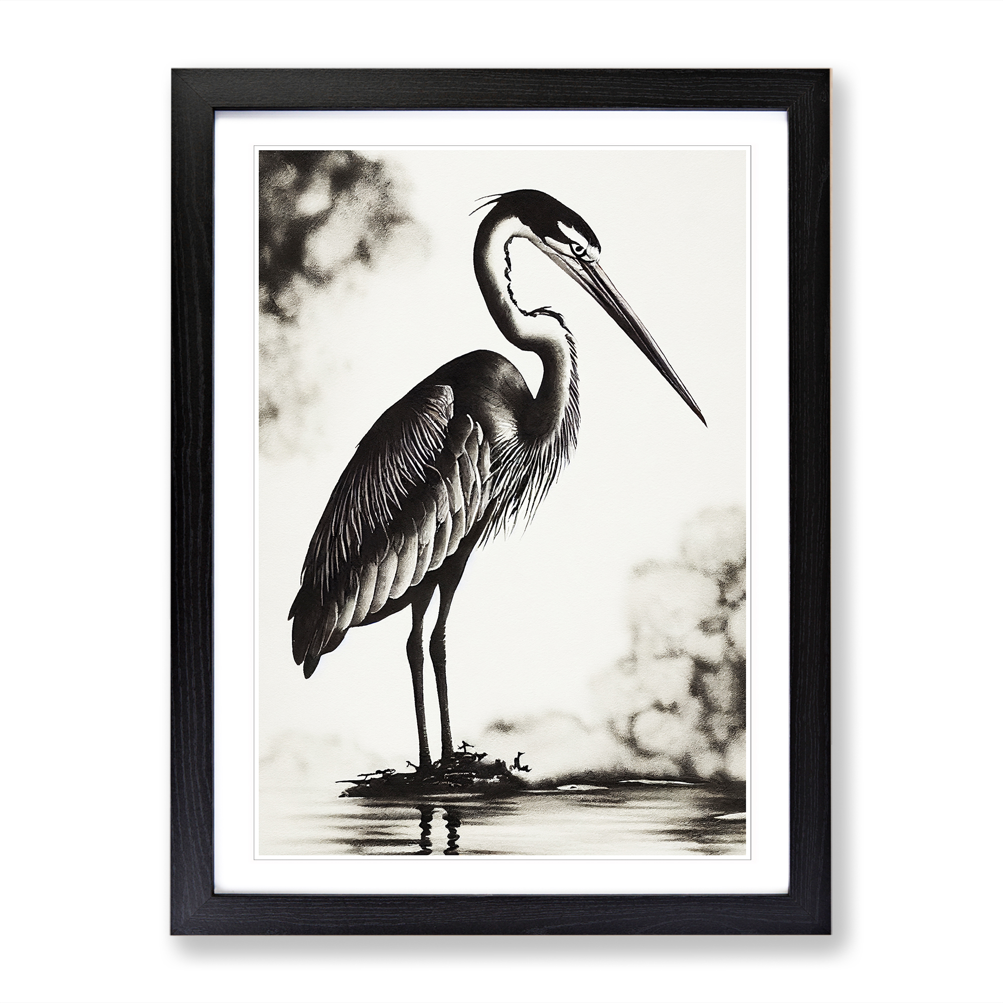 Heron Ink Wash Framed Canvas Wall Art Print Poster Picture, Home Decor - Picture 5 of 8