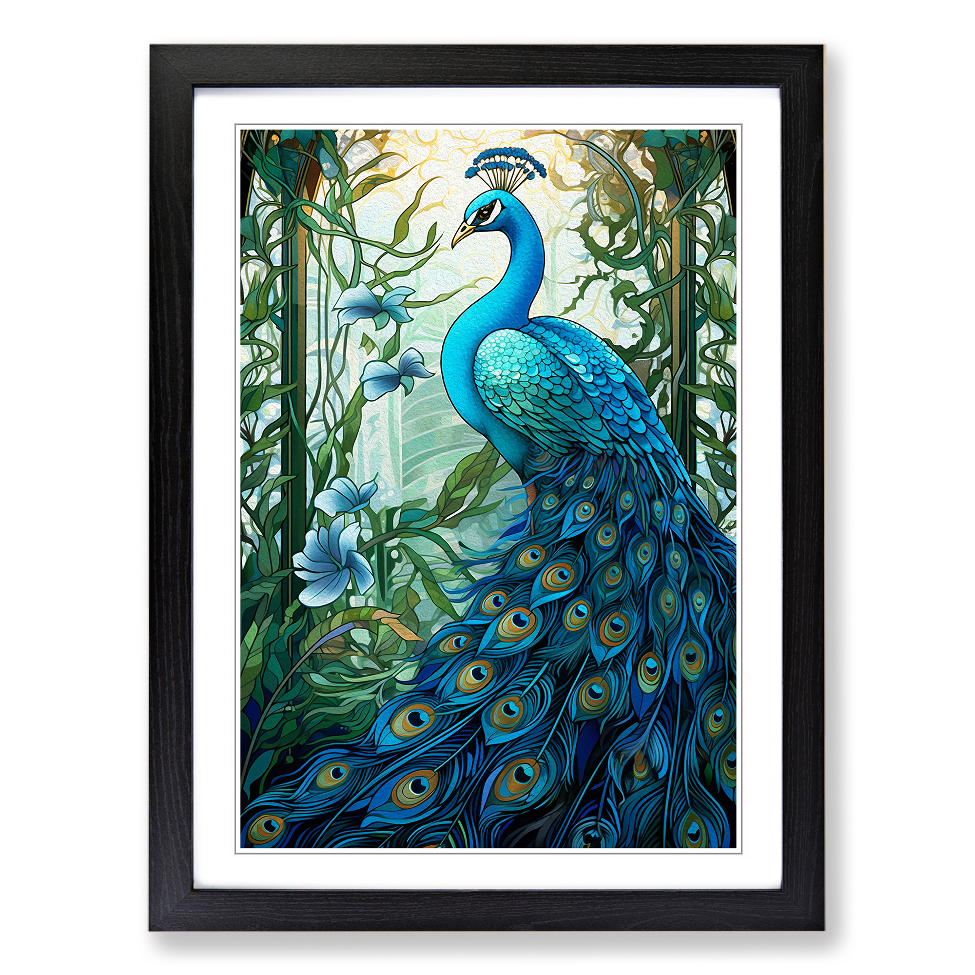 Peacock Nouveau No.2 Framed Canvas Wall Art Print Poster Picture, Home Decor-image