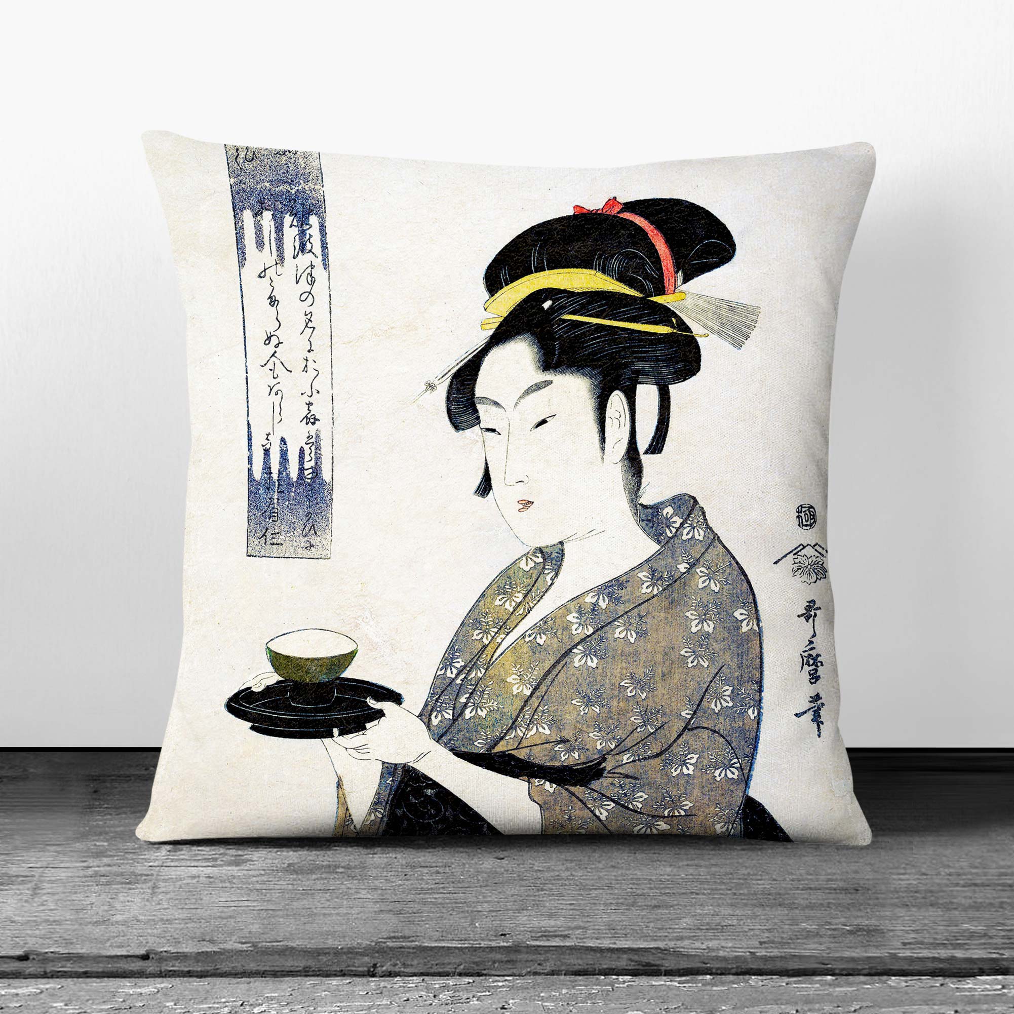 Plump Cushion Serving Tea Kitagawa Utamaro Scatter Throw Pillow Cover Filled - Picture 3 of 10