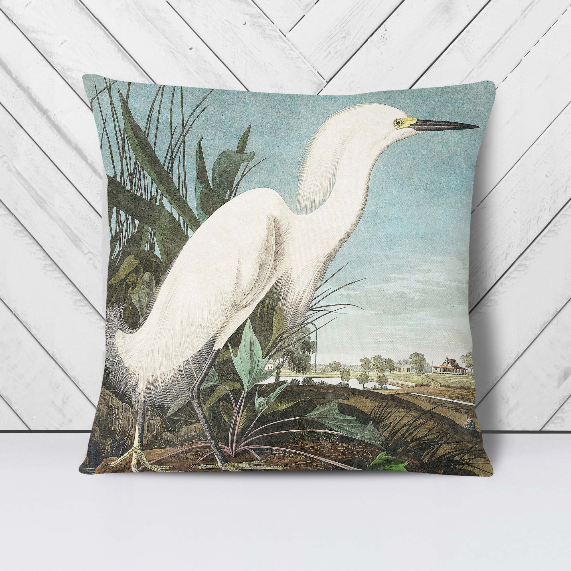 Plump Cushion Snowy Heron Flowers Bird John James Audubon Scatter Throw Pillow - Picture 5 of 12