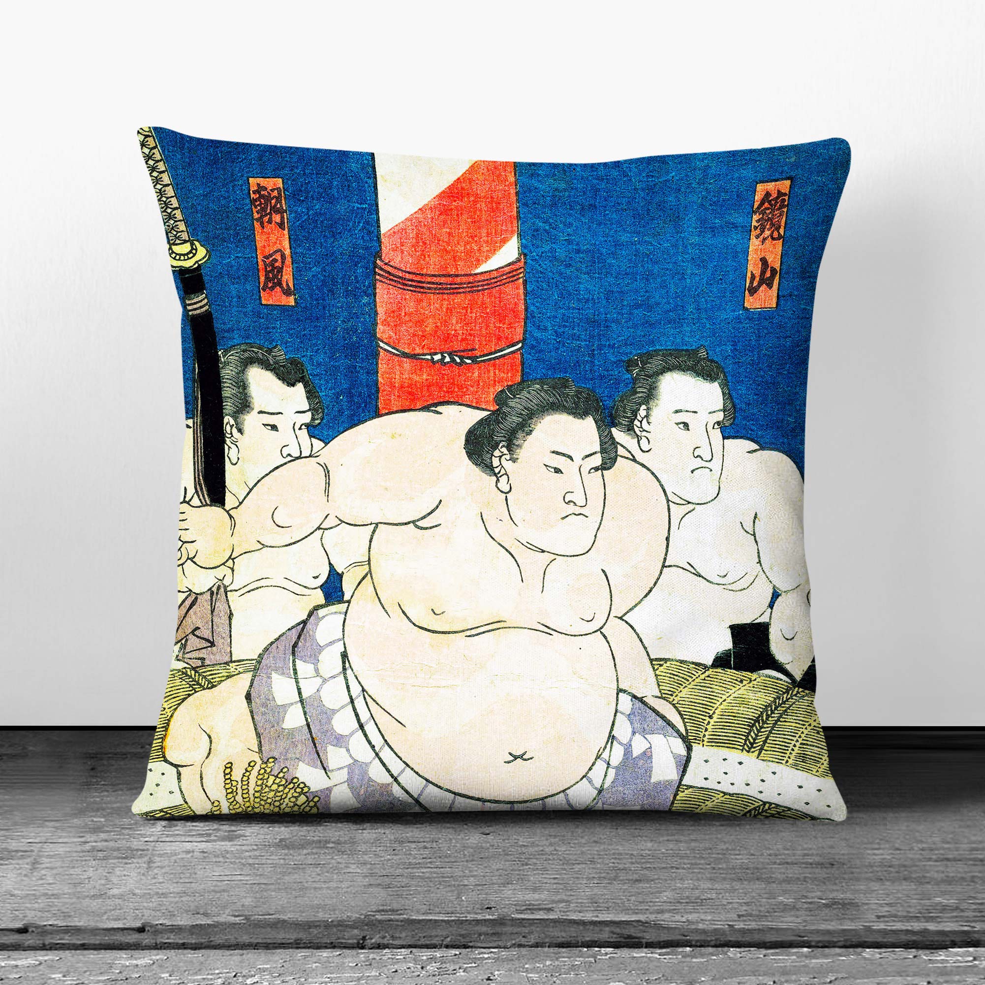 Plump Cushion Three Sumo Wrestlers Utagawa Kunisada Scatter Throw Pillow Cover - Picture 3 of 10