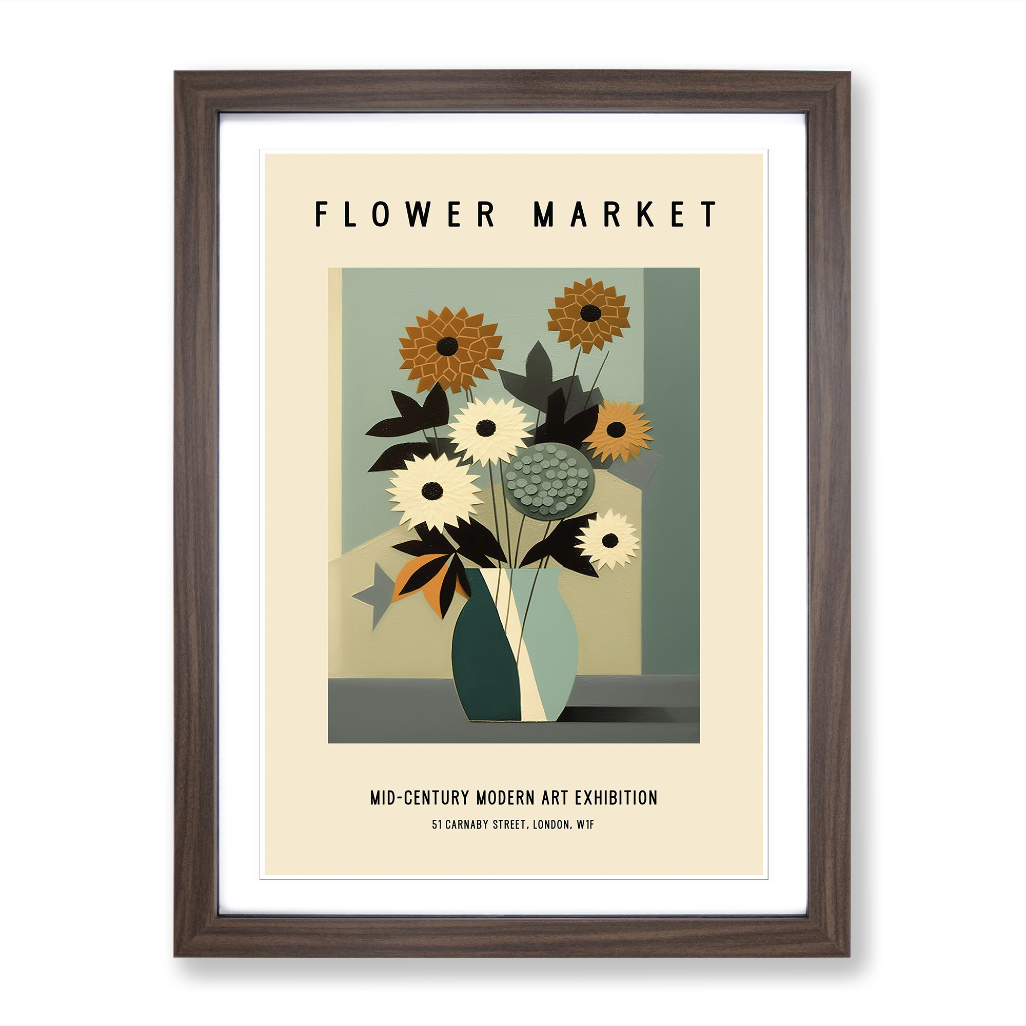 Mid Century Blumenmarkt Nr. 5 Ausstellung gerahmt Wandkunst Druck Bild groß - Bild 7 von 8
