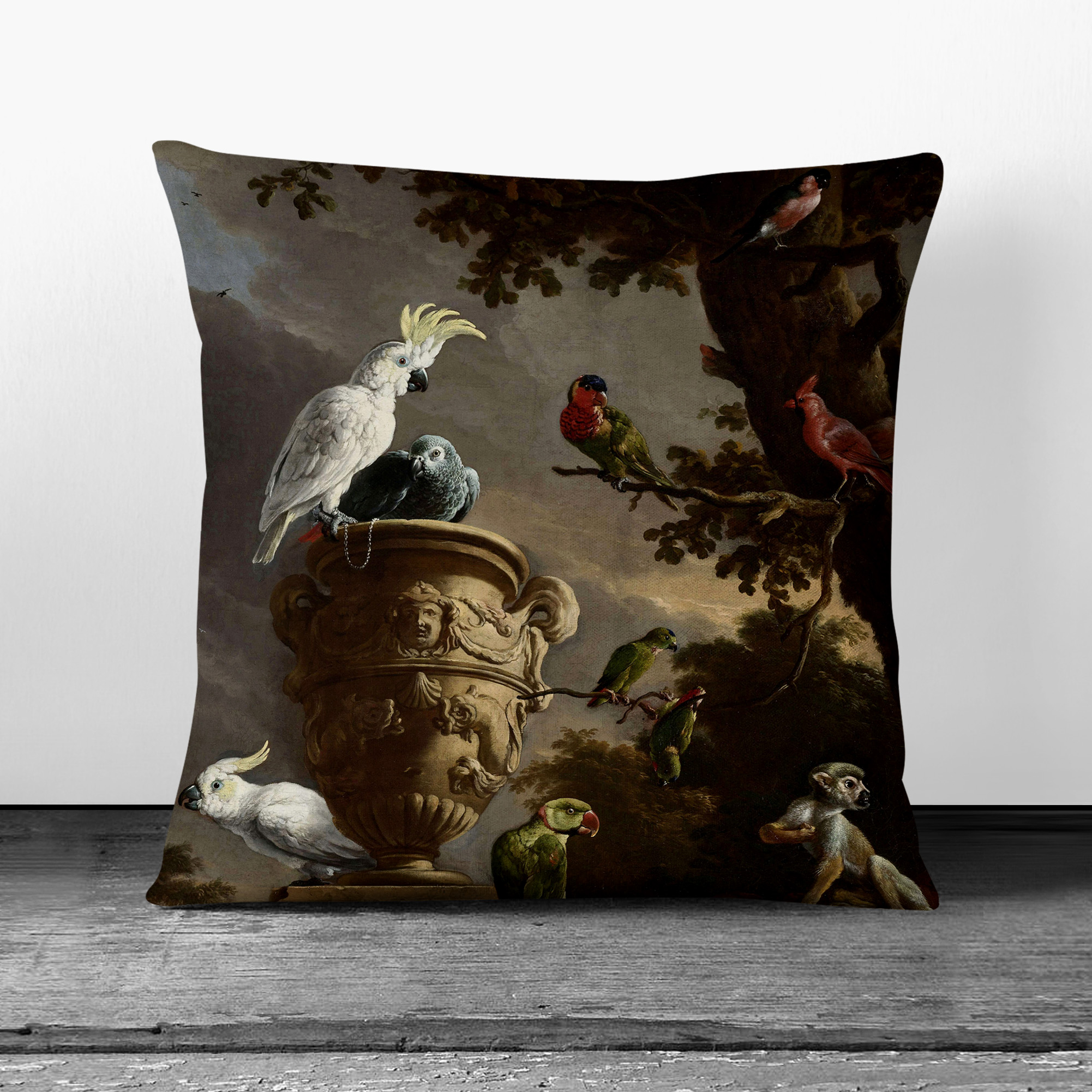 Plump Cushion Melchior d'Hondecoeter Monkeys and Birds Scatter Throw Pillow - Picture 6 of 13