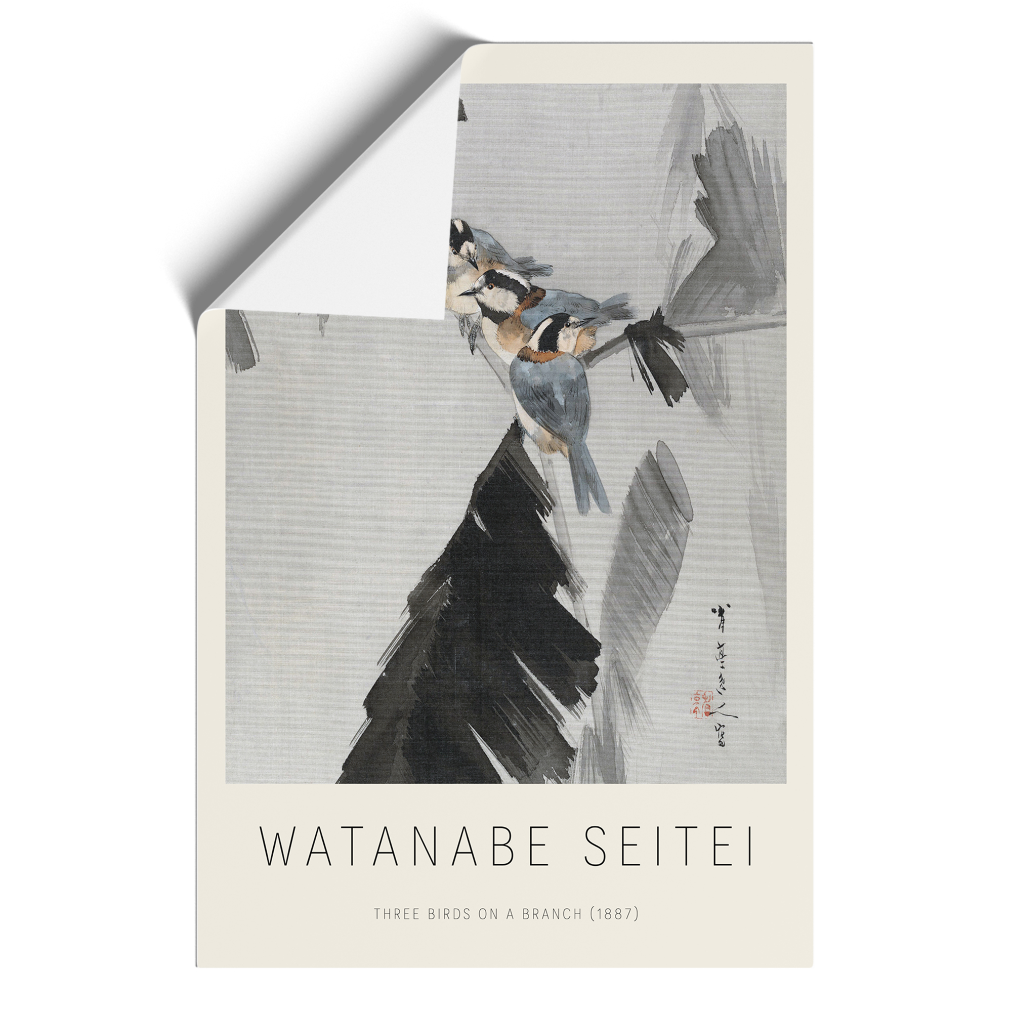 Three Birds On A Branch Watanabe Seitei Exhibition Framed Canvas Wall Art Print - Picture 9 of 9