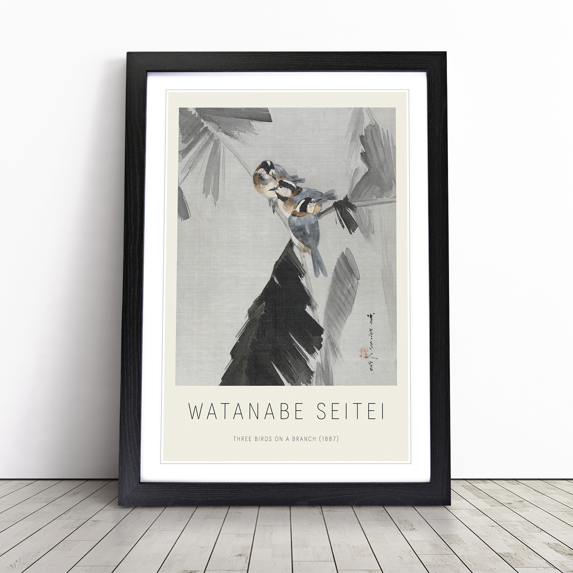 Three Birds On A Branch Watanabe Seitei Exhibition Framed Canvas Wall Art Print - Picture 6 of 9