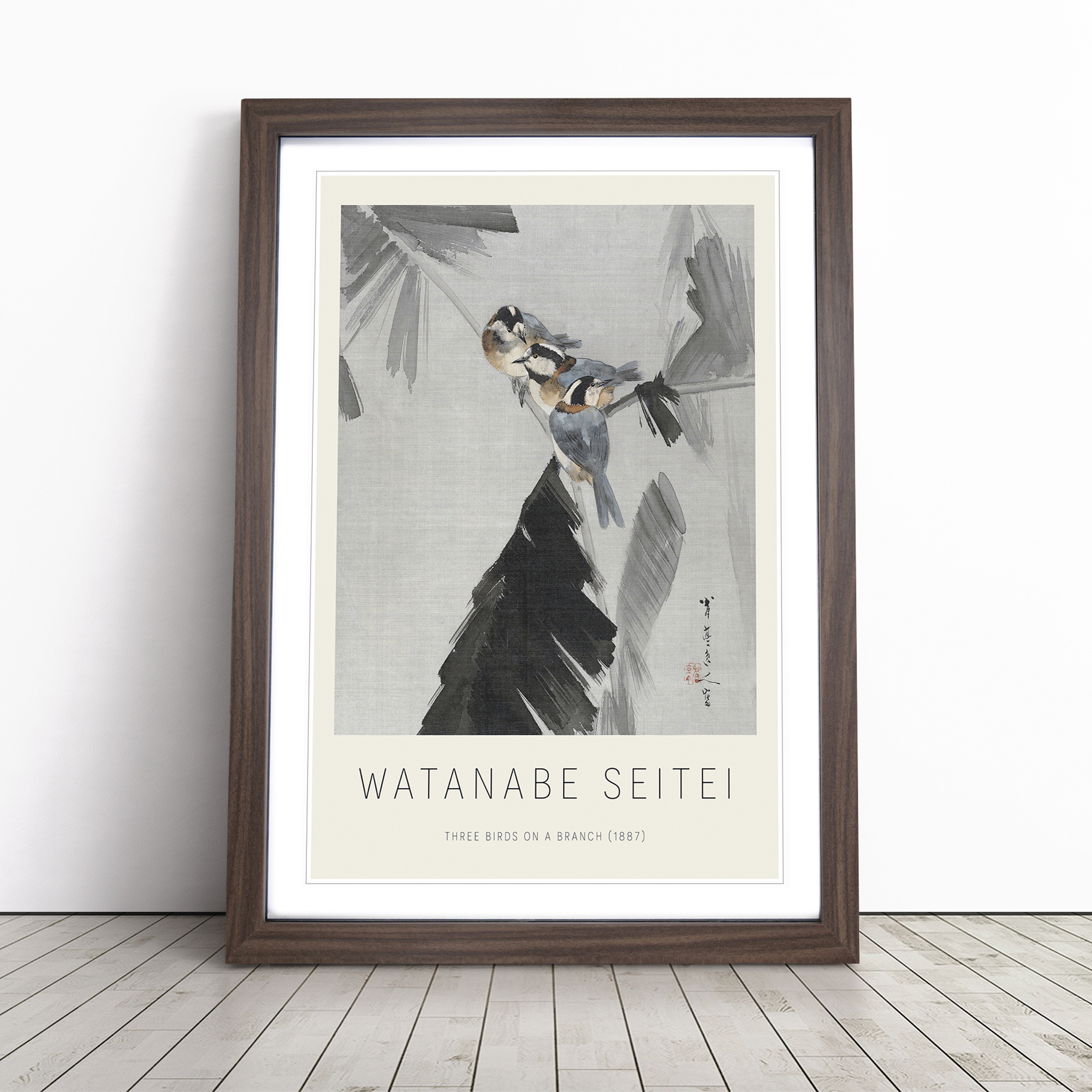 Three Birds On A Branch Watanabe Seitei Exhibition Framed Canvas Wall Art Print - Picture 8 of 9