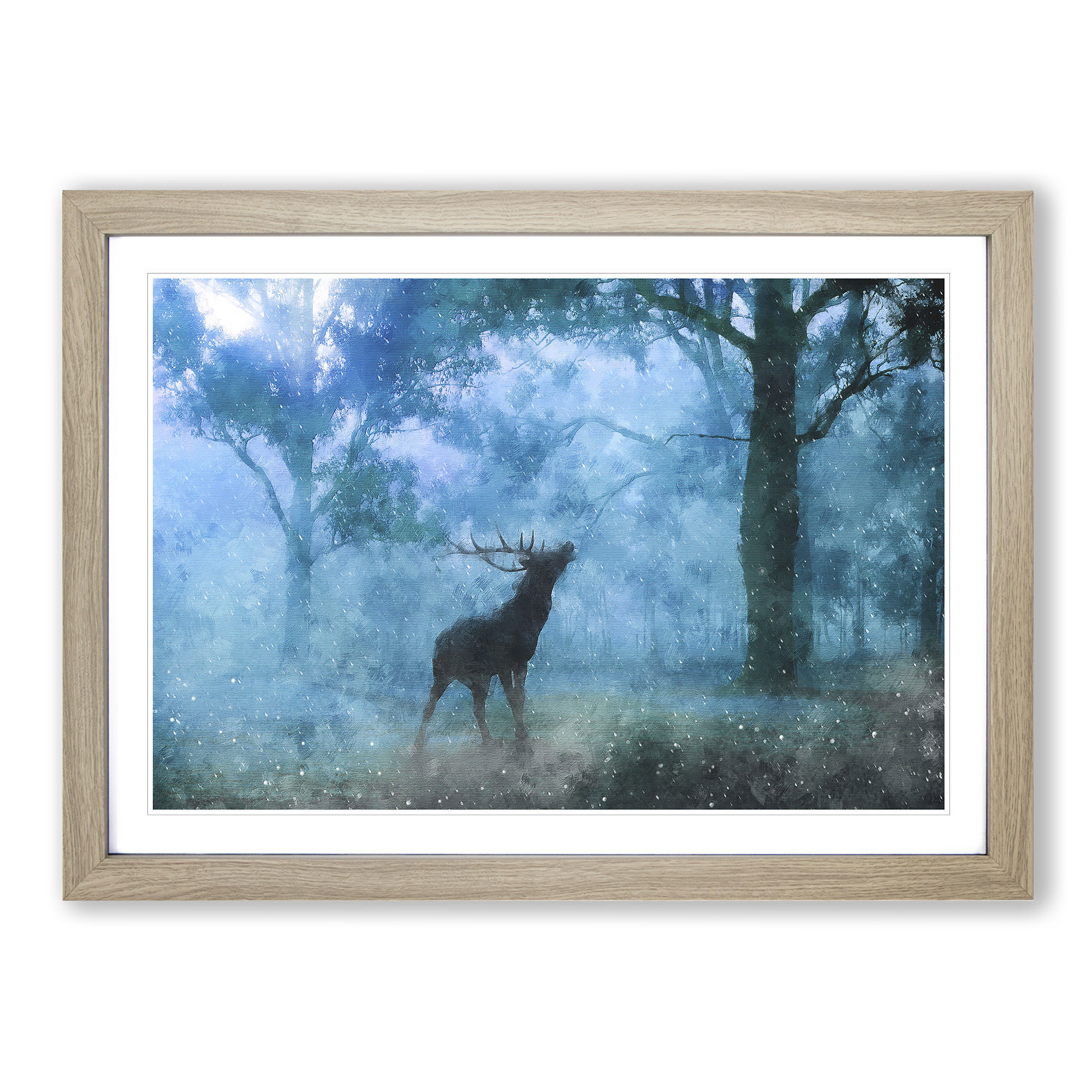 Deer Stag In A Blue Forest Wall Art Print Framed Canvas Picture Poster
